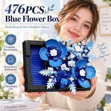 476PCS Foldable Blue Flower Box Building Block Set, Floral Display Decor, Desktop Ornament, Creative Gift, Home Shelf Decoration - Flower Box Building Blocks - View 1