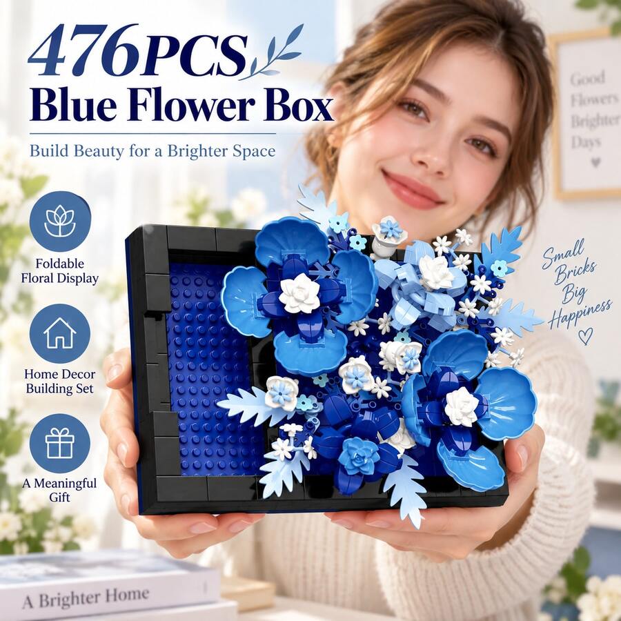 476PCS Foldable Blue Flower Box Building Block Set, Floral Display Decor, Desktop Ornament, Creative Gift, Home Shelf Decoration - Flower Box Building Blocks - View 1