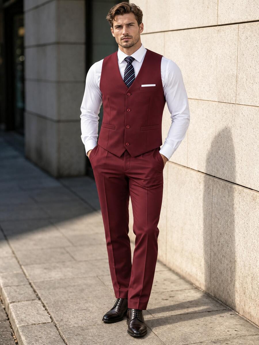 Vest For Men Solid Formal Suit Waistcoat With Wide Pockets For Business Wedding Party Outfit To Match Men Suits - Red - View 1
