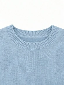 Women's Spring/Autumn Elegant Casual Cute Sexy Middle Eastern Style Solid Color Round Neck Bohemian Loose Soft Warm Knit Poncho Cape Pullover Sweater Top With Asymmetrical Hem And Side Slit - Baby Blue - View 7