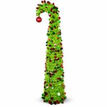 1PC 59.1IN Foldable Curved Top Christmas Tree, Green Slim Pop Up Tree With Red & Green Sequin Decorations And Hanging Ornament, Easy Setup Holiday Tree For Living Room, Office, Party & Winter Home Decor - Multicolor - View 8