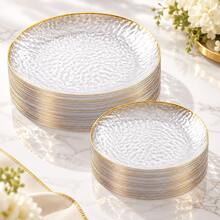 10/20/25pcs Transparent Hammered Plate Set, Elegant Hammered Gold Rim Design 10.25 Inch Decorative Dinner Plate, 7.5 Inch Salad/Dessert Plate, Suitable For Christmas, Halloween, Thanksgiving, New Year, Party, Daily, Birthday And Other Occasions - View 12