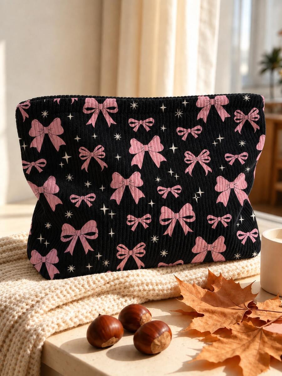 New Bow Print Pattern Makeup Bag | French Print Travel Organizer Bag | Travel Essentials | Poolside Must-Have | Toiletry Bag | Pool Storage Bag | Mother's Day Gift | Teacher's Day Gift | Suitable For Moms, Teachers, Friends And Nurses | Home Essentials | Graduation Gift | Easy To Clean Design | Portable Makeup Bag - Multicolor - View 1