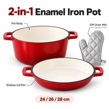 2-In-1 Enamel Cast Iron Pot With Lid, Dutch Oven Casserole For Kitchen Cooking, Baking, Roasting, Soup, Stew, Random Color - View 3
