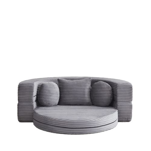 A Versatile 4-In-1 Sofa Bed, Ideal For Compact Living Spaces, That Can Be Used As Both A Semi-Circular Sofa And A Round Daybed, Two Round Cushions And One Square Cushion