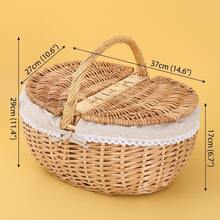 Vintage Woven Picnic Basket With Double Layer Lid, Lace Trim, Handmade Rattan Storage Basket, Detachable And Washable Liner And Handle, Suitable For Camping, Beach, Photo Props And Gifts - Multicolor - View 11