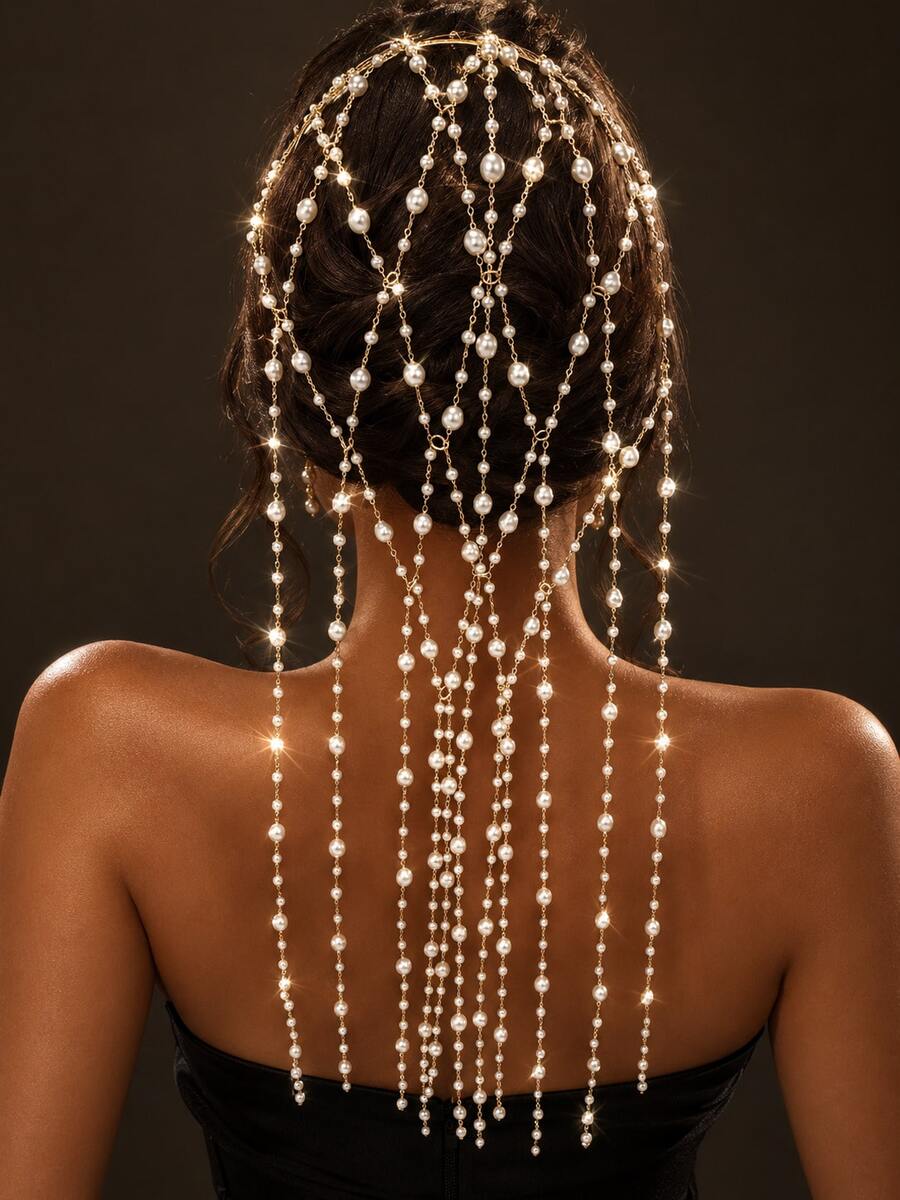 Exquisite Shiny Hollow Mesh Hair Chain Tassel Hair Accessory For Women, Versatile For Party And Banquet - Gold - View 1