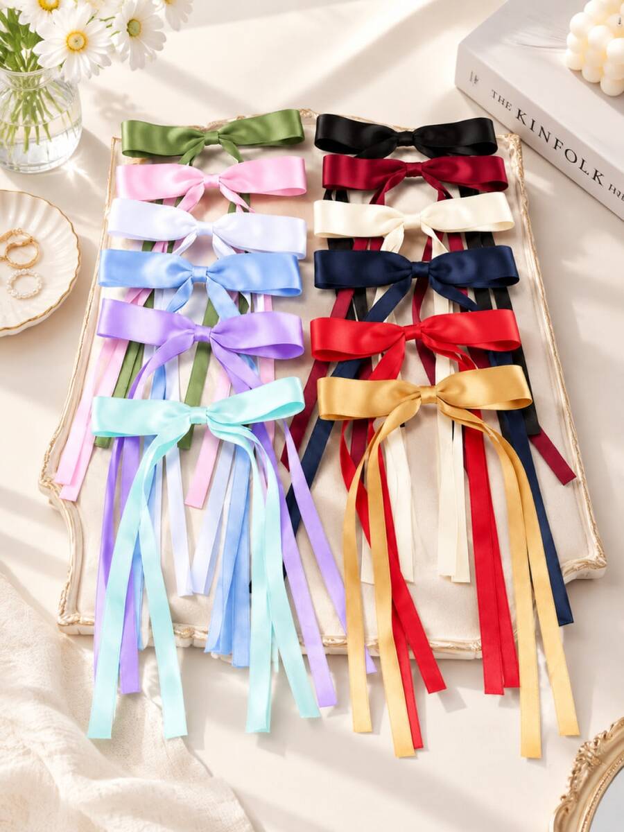 10Pcs Satin Silk Bow Hair Clips Long Ribbon Tassel Hair Barrettes Cute Coquette Balletcore Hair Accessories - Multicolor - View 1
