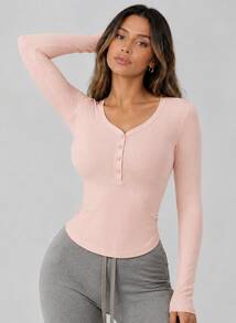 Never me Women's Sports T-Shirt Ribbed V-Neck Button Waist Gathered Curved Hem Yoga Long Sleeve - Pink - View 6