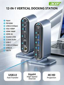 Acer Type-C Vertical Docking Station HDMI/VGA 4K Gigabit Ethernet USB Hub Adapter For MacBook Huawei Laptop Expansion - View 1