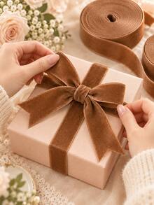 Caramel Brown Velvet Ribbon Roll (10 Yards) - 6mm To 25mm, Suitable For DIY Autumn Hair Accessories, Gift Box Packaging, Wedding Decoration, Sewing Trim And Handmade Soft Fabric Ribbon - Brown Flocked Strap - View 2