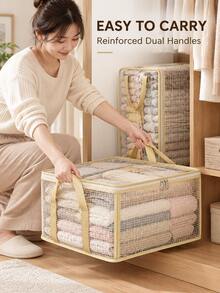 Transparent Handle Clothing Storage Bag, Zipper Closure, Moisture-Proof And Dust-Proof, Foldable Closet Storage Box, Suitable For Blankets, Quilts, Bedding, Clothing And Household Items, Bedroom, Closet, Dormitory And Travel Space-Saving Storage Container, Essential For Home And Travel, Room Decoration - Multicolor - View 2