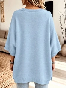 Women's Spring/Autumn Elegant Casual Cute Sexy Middle Eastern Style Solid Color Round Neck Bohemian Loose Soft Warm Knit Poncho Cape Pullover Sweater Top With Asymmetrical Hem And Side Slit - Baby Blue - View 3