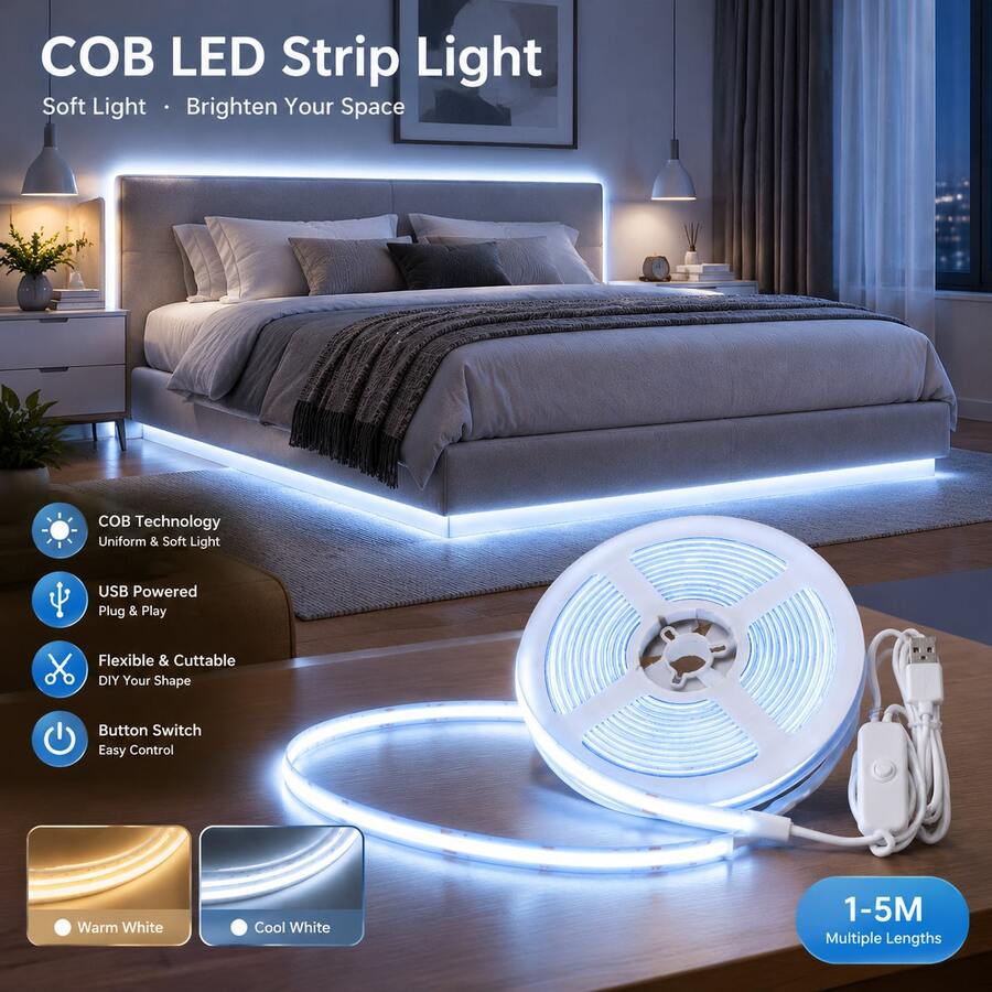 USB COB Ambient Light Strip With Button Switch, Flexible Cuttable, Self-Adhesive, Warm White/Cool White, 1-5m Home Decor LED Tape,Suitable For Cabinets, Stairs, Bedrooms, Etc. - 501 COB - View 1