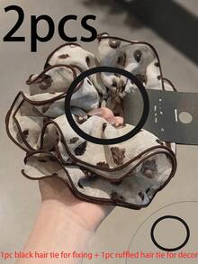 1pc Vintage Delicate High-End Korean Multi-Layer Chiffon Printed Ruffle Elastic Hair Scrunchie Beauty Home Hair Accessories Hair Ties School - Brown Ruffled Hair Tie - View 7