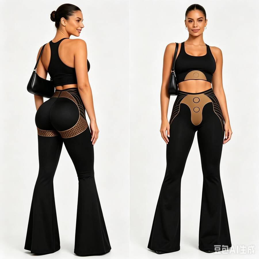 Campana, pantalones ajustados de alta calidad con efecto moldeador y realce de glúteos, para una figura esbelta y lujosa. - Negro - Ver 1