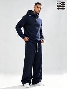 MULINSEN Men 2Pcs Outfit,Button Placket Hooded Sweatshirt & Drawstring Wide Leg Sweatpants Set,Solid Color Casual Street Tracksuit - Royal Blue - View 3