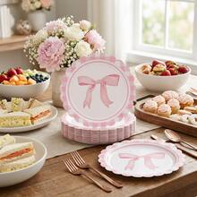 16/32pcs 7 Inch Leak-Proof Thickened Disposable Paper Plates, Pink Bow Lace Round Easy-To-Clean Cake Plates, Suitable For Birthday Parties, Picnics, Daily Activities, Gatherings - White Background With a Large Pink Bow - View 4