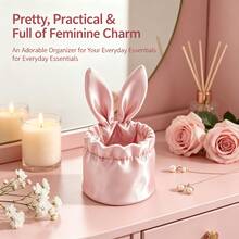 Christmas Gift Satin Ruched Rabbit Ear Jewelry Organizer Storage Box, Decorative Desktop Storage Holder For Earrings, Necklaces, Lipsticks, Makeup Brushes, White & Pink Cute Women's Desktop Organizer - Multicolor - View 2