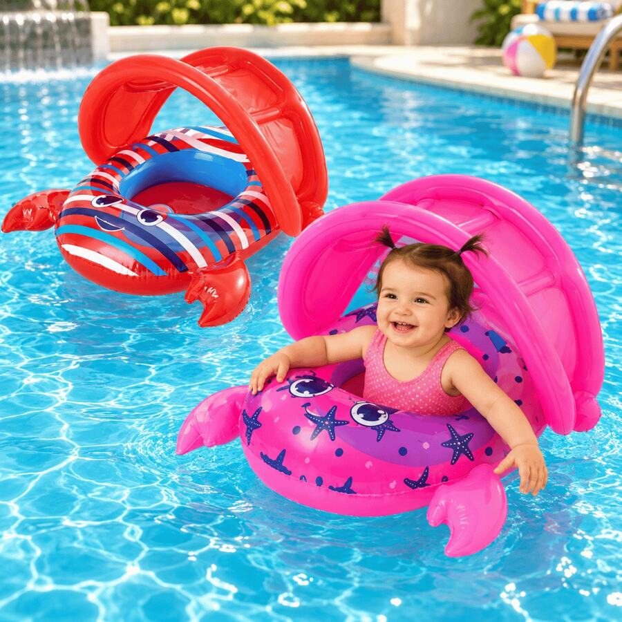 Bote Inflável Infantil Caranguejo Bóia Barco Piscina Colorido com Cobertura Proteção Sol Verde Rosa Menino Menina Criança Bebe Resistente Presente - Vermelho - Visão 1