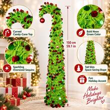 1PC 59.1IN Foldable Curved Top Christmas Tree, Green Slim Pop Up Tree With Red & Green Sequin Decorations And Hanging Ornament, Easy Setup Holiday Tree For Living Room, Office, Party & Winter Home Decor - Multicolor - View 10