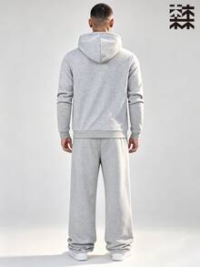 MULINSEN Men 2Pcs Outfit,Button Placket Hooded Sweatshirt & Drawstring Wide Leg Sweatpants Set,Solid Color Casual Street Tracksuit - Light Grey - View 5