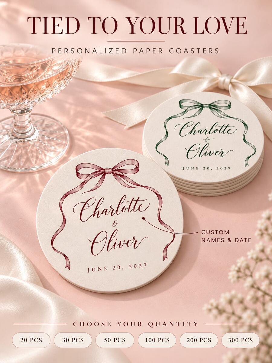 客製化婚禮杯墊套組大宗購買、個性化婚禮杯墊、客製化 COCKTAIL 婚禮紙杯墊、新家禮物、派對桌面裝飾 - 彩色 - 查看 1