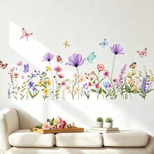 A Colorful Wall Sticker Featuring Plants, Flowers And Butterflies, Size 11.81 X 35.43 Inches, Suitable For Decorating Bedrooms And Living Rooms. It Is Self-Adhesive And Removable. - Multicolor - View 1