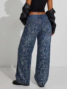 Low Waist Wide Leg Casual Blue Ripped Slanted Pocket Curved Women'S Jeans Rhinestone Embroidery Fully Paved With Diamonds - Blue - View 2