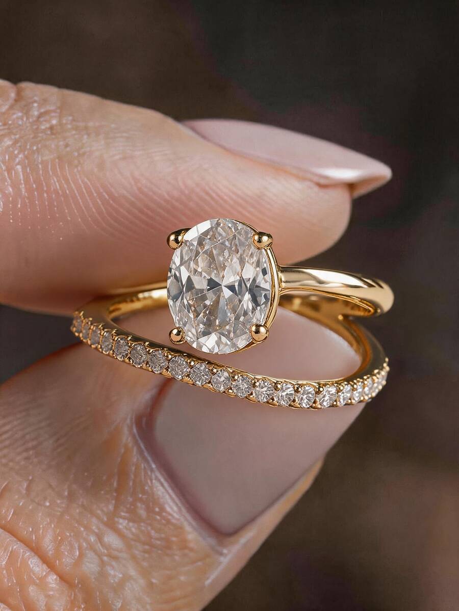 1pc 18K Gold Plated Luxury Oval Cut White Gemstone Ring, Stackable Ring Set, Four-Prong Setting Ring, Elegant Holiday Party Gift For Women - Yellow Gold - View 1