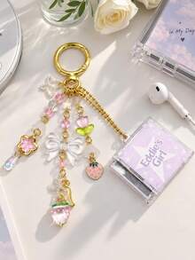 Cute Mini CD Case Keychain, Pink Strawberry Tulip Bow Bead Charms, Custom Photo Bag Pendant For Music Lovers - Multicolor - View 3