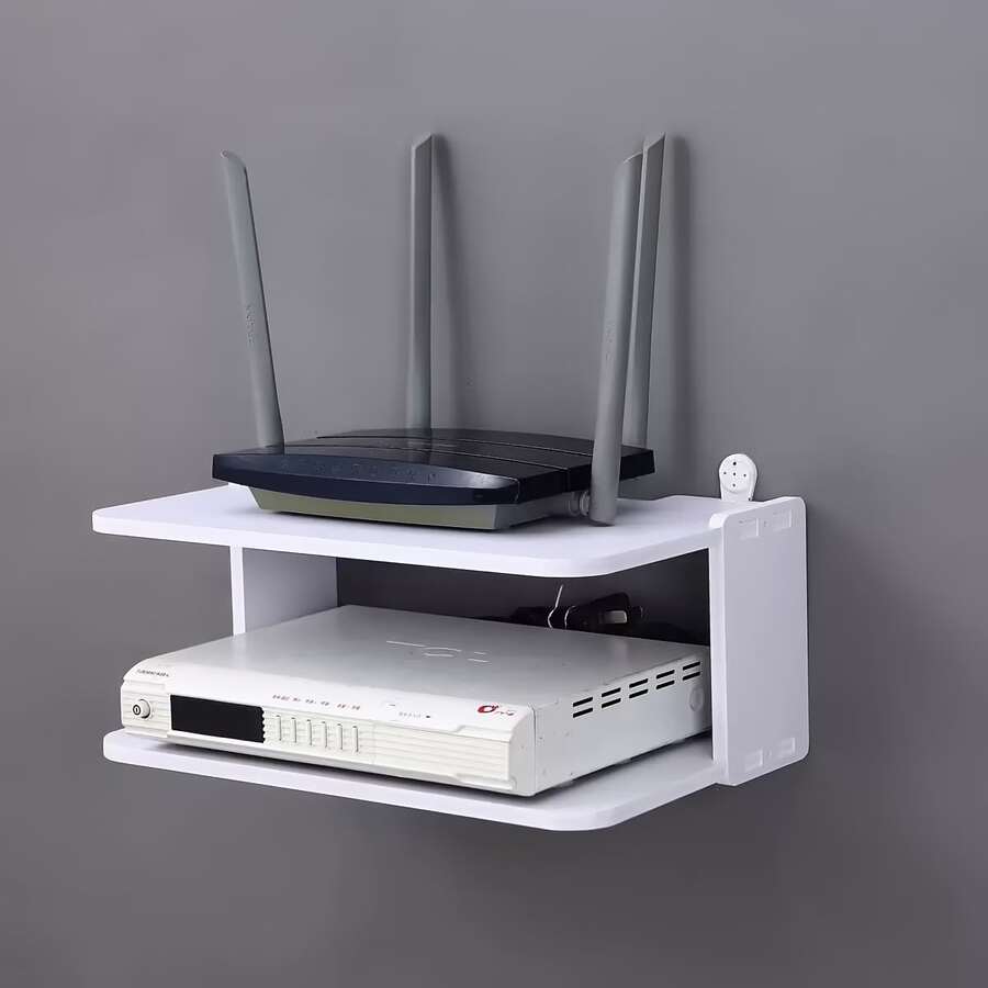 1 set väggmonterad router- och WiFi-förvaringshylla – kabelorganizer för modem, digitalbox och TV-tillbehör | ventilerad platsbesparande dekorativ förvaringshylla | installation utan borrning, skapa en städad hemmiljö och kontorsmiljö, multifunktionell förvaringshylla