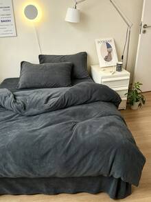 深灰色純色親膚柔軟舒適水晶絨被套組 3 件組（1 件被套 + 2 件枕套），適用於臥室與客房，可機洗，四季通用 - 深灰色 - 查看 10