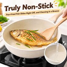 Maifan Stone Non-Stick Frying Pan With Glass Lid, Black/White Stir-Fry Pan With Wood Grain Handle, Home Cooking Pan For Frying, Stir-Frying And Daily Cooking - View 6