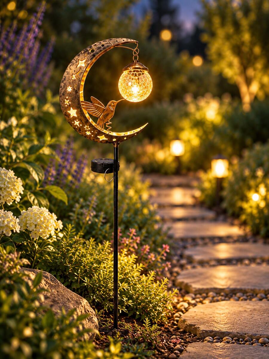 Solar Powered Hummingbird Crescent Moon Garden Stake Light, Cracked Glass Ball LED Outdoor Pathway Light, Metal Solar Yard Lawn Garden Decor, Suitable For Patio, Walkway And Holiday Gift