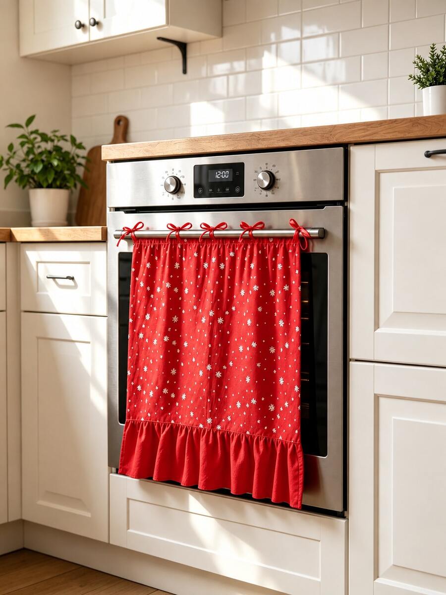 1pc Red Snowflake Print Oven Door Curtain, With Ribbon Tie And Ruffle Edge, Short Kitchen Tier Curtain, Decorative Cover Cloth, Suitable For Stove Oven, Open Cabinet And Small Window, Christmas Country Style Home Decor - Red Snowflake Stove Curtain - View 1