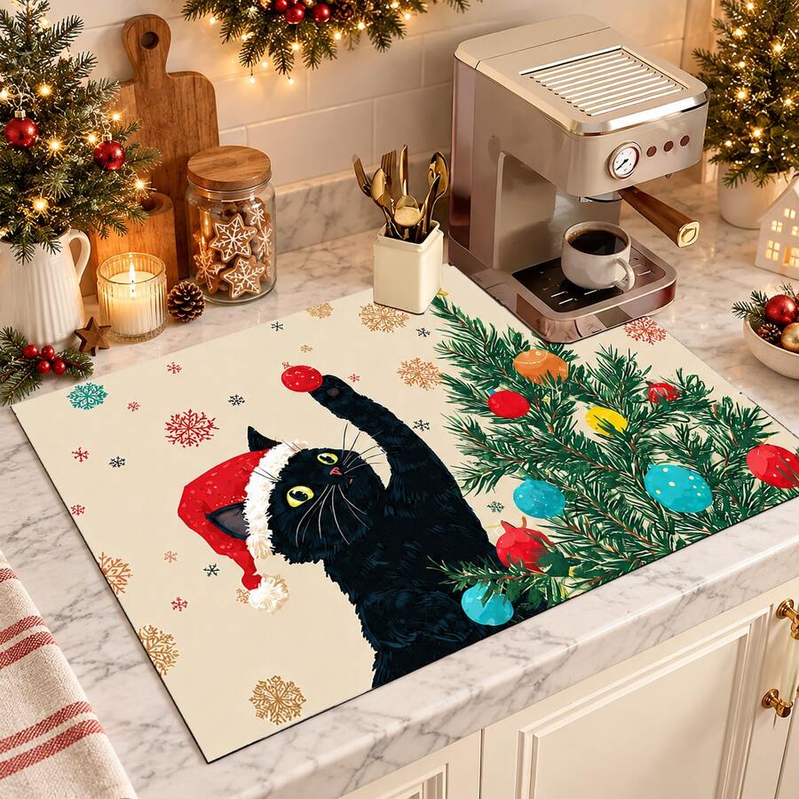 1pc Christmas Black Cat Pattern Diatomaceous Earth Absorbent Mat, Kitchen Countertop Drying Mat, Coffee Machine Mat, Pour-Over Coffee Pot Mat, Dish Drying Mat, Non-Slip Heat-Resistant Kitchen Mat, Dining Table Mat, Breakfast Mat, Washing Machine Mat, Home Kitchen Dining Table Coffee Shop Bar Decor Mat, Holiday Party Housewarming Gift - Multicolor - View 1