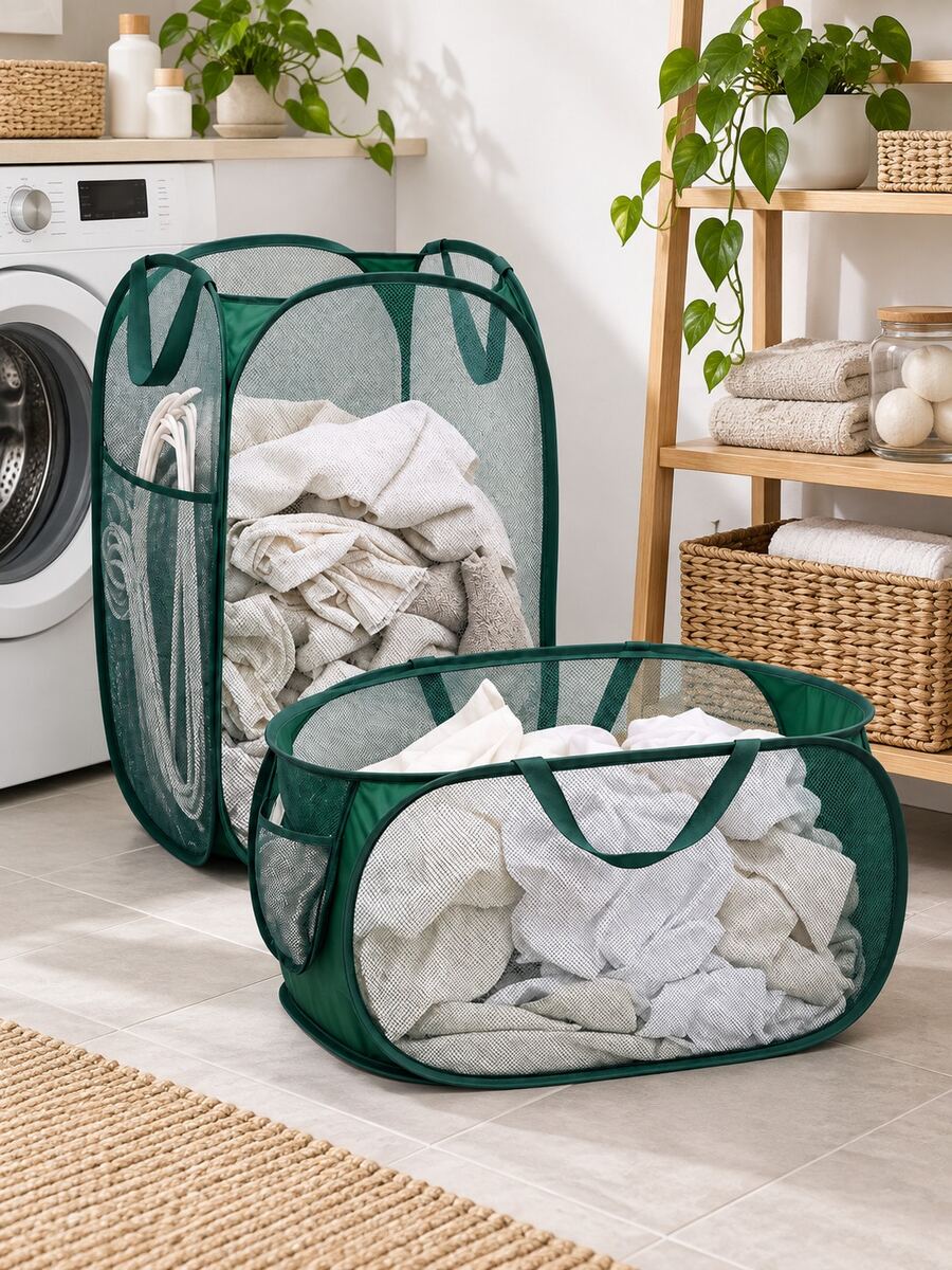 Foldable Mesh Laundry Basket, Large Capacity Hollow Breathable Laundry Storage Bin, Dense Fine Mesh Fabric Lightweight And Wear-Resistant, Built-In Carrying Handle For Easy Transport, Elastic Steel Wire Frame Support To Stand Upright Without Collapsing, Can Be Folded Flat For Space-Saving Storage When Not In Use, Suitable For Bathroom, Bedroom, Laundry Room Scenes, Used To Store Dirty Clothes, Towels, Pajamas, Also Can Store Toys, Miscellaneous Items, Baby Clothes - Multicolor - View 1