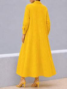 Kemeja Panjang Longgar Berwarna Kuning Cerah dengan Kancing Depan, Atasan Kasual Pantai Musim Panas yang Elegan - Kuning - View 2