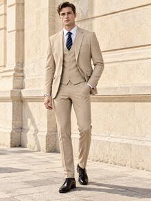 Men's 3-Piece Slim Fit Formal Suit Set, Single-Breasted 2-Button Blazer, V-Neck Vest, Dress Pants, Spring/Summer Business Wedding Suit - Champagne - View 2