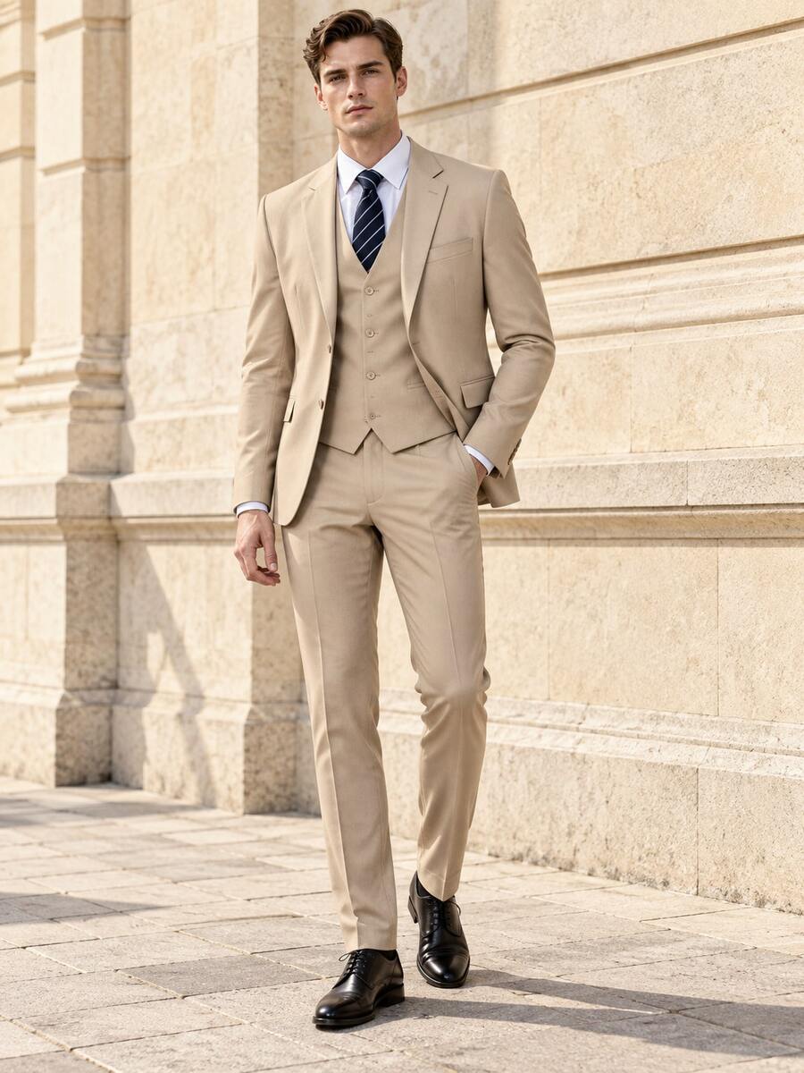 Men's 3-Piece Slim Fit Formal Suit Set, Single-Breasted 2-Button Blazer, V-Neck Vest, Dress Pants, Spring/Summer Business Wedding Suit