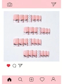 28片Y2K中方白色法式穿戴甲，波點與蝴蝶結設計，粉色甜美風，秋季美甲，聖誕冬季美甲，易佩戴壓克力假指甲套組，含1片果凍膠與1片指甲锉，適合女孩日常與派對使用 - 彩色 - 查看 4