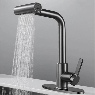 LY Black Or Brushed Nickel Single Handle Pull Out Kitchen Faucet, 4 Spray Modes Waterfall Shower Stream Broom, 360 Swivel, 24 Inch Pull-Out Hose, Deck Plate For 3 Hole Or Deck Plate Free For 1 Hole, 9/16 Hoses, Easy Install