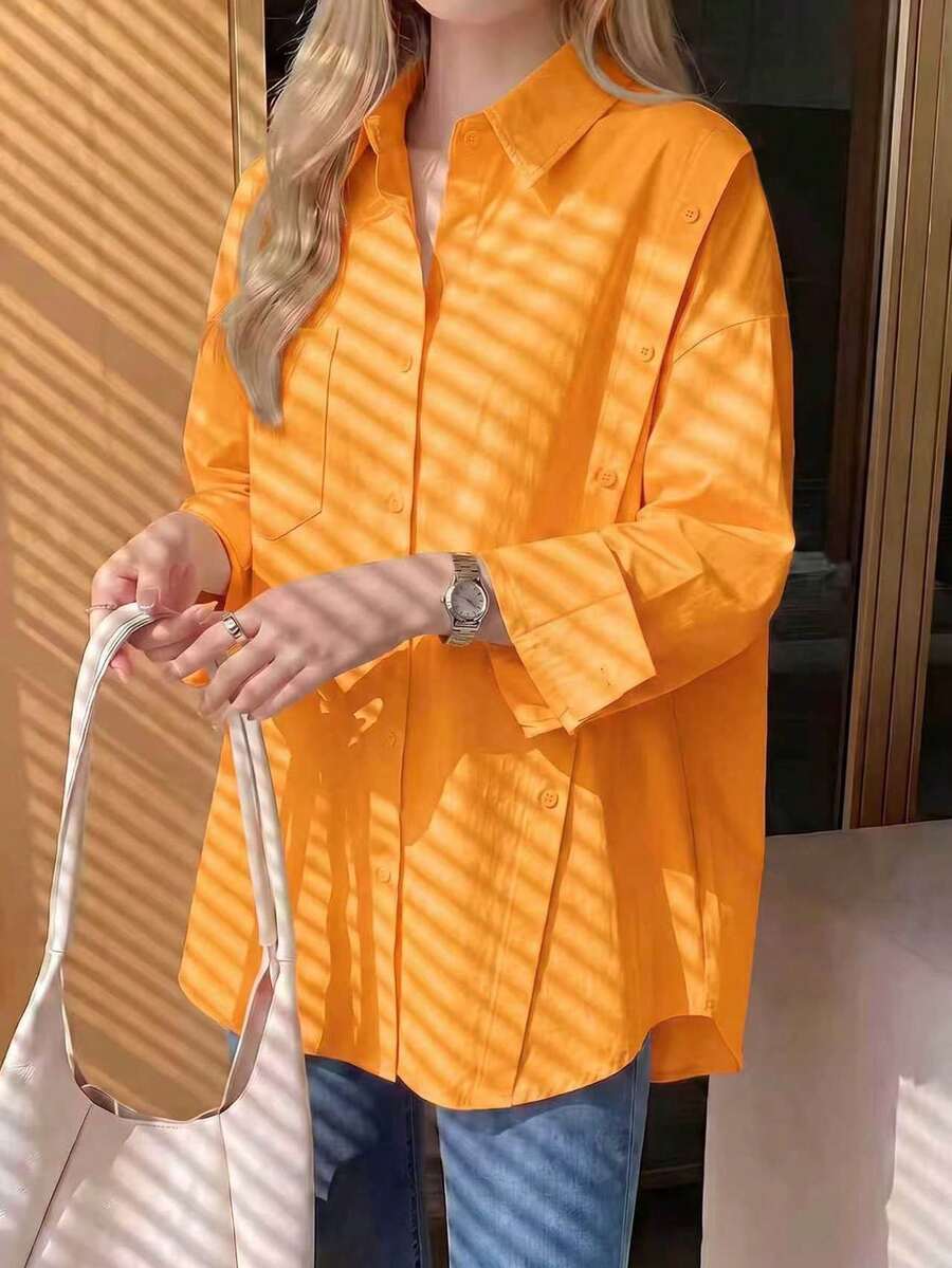 Solid Color Front Button Pocket Shirt, Long Sleeve Blouse For Women, Suitable For Spring, Summer, Autumn - Orange - View 1