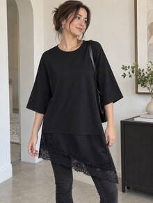 Solid Color Contrast Lace Short Sleeve T-Shirt, Spring/Summer Casual Black - Black - View 2