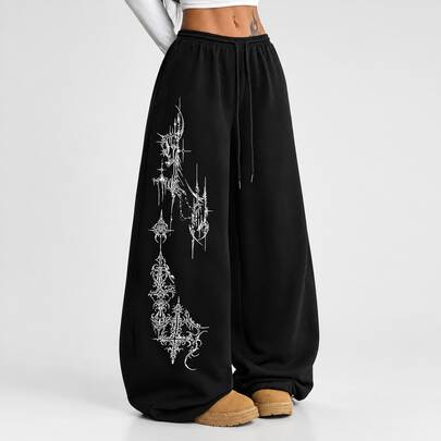 Calça Wide Leg Com Cordao De Ajuste Despojada Baggy Barra Larga Para Mulheres Estilosas Gotica Punk