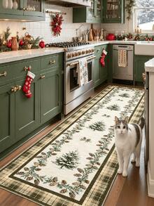 1pc Green Christmas Pine Tree Pattern Long Runner Rug, Velvet Carpet, Suitable For Room Decor, Indoor Door Mat, Living Room Rug, Kitchen Mat, Bedroom Rug, Bathroom Mat, Washable Carpet, Home Decor, Bedroom Decor, Non-Slip Wear-Resistant, Noise-Reducing Sound-Absorbing, Skin-Friendly Soft - Dark Green - View 3