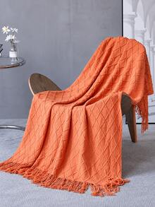 1pc Solid Color Knitted Blanket, Nordic Style Tassel Design Soft Blanket, Suitable For Office Nap, Bed, Sofa, Daily Use - Caramel - View 4