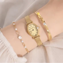 1pc Women's Vintage Gold Metal Mesh Strap Quartz Watch, Elegant Oval Digital Dial Wristwatch, Suitable For Daily Wear - Gold - View 5