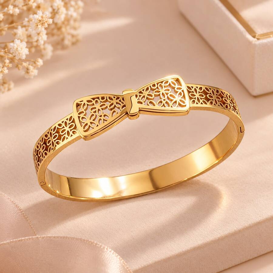 Classic Bow Stainless Steel Women's Bracelet, Vintage Hollow Design, Suitable For Daily And Workplace Wear, Perfect Gift For Holidays